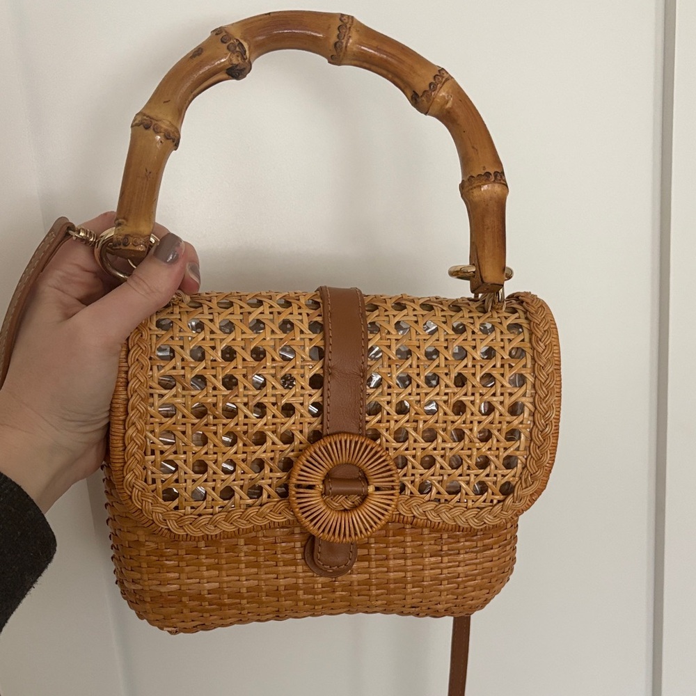 Serpui Elegant Tan Woven Crossbody Bag with Bamboo Handle